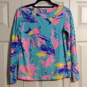 LILLY PULITZER Size X-Small Blue Pink Fish Cotton Spandex Grommet Long Sleeve